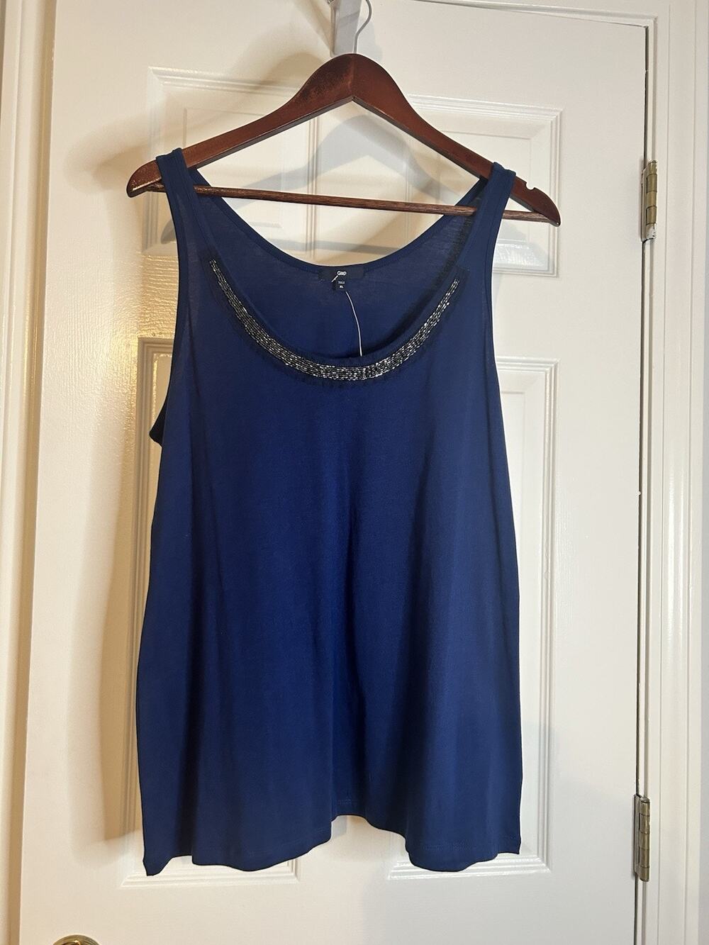 GAP Womens XL Blue Beaded Neck Semi Sheer Back Sleeveless Blouse Tank NWT